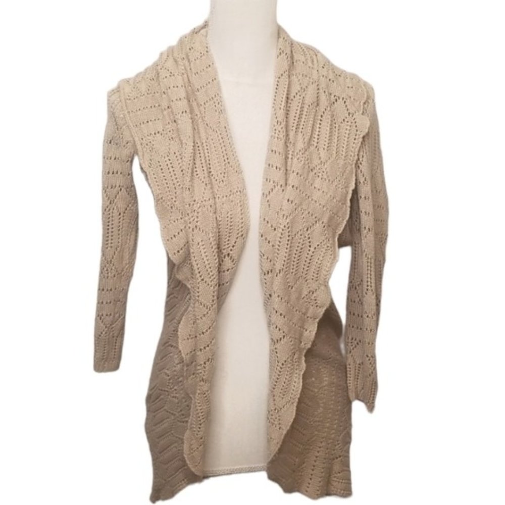 ⭐last CHANCE ⭐ Open front cardigan sweater crochet cascading 3/4 sleeve M tan